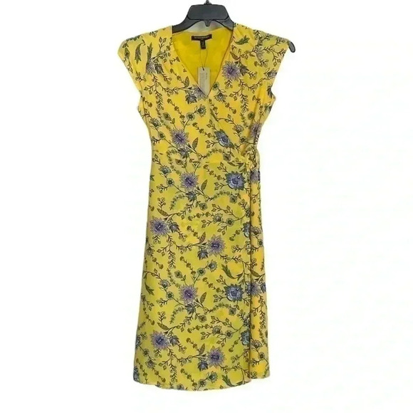 Banana Republic yellow floral wrap midi dress sz 0 Pet - Picture 1 of 6